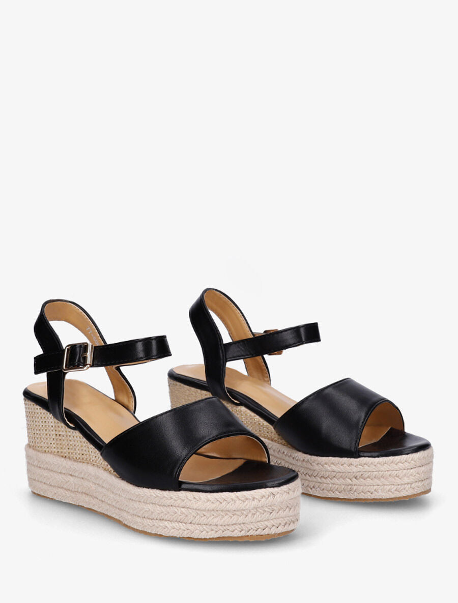 Sandales compensées en simili style espadrille - Noir - 4
