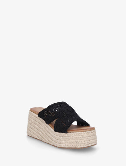 Mules style macramé à talon compensé - Noir - 2