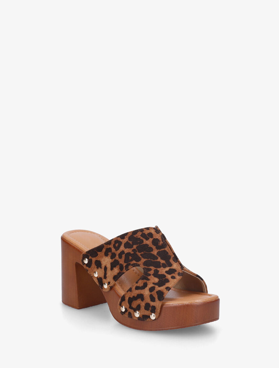 Mules style sabot en suédine imprimé léopard - Camel - 2