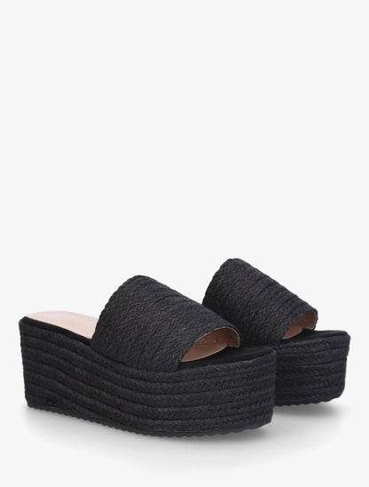 Mules à talon compensé haut en raphia - Noir - 4