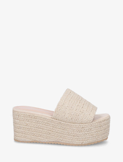 Mules à talon compensé haut en raphia - Beige - 5