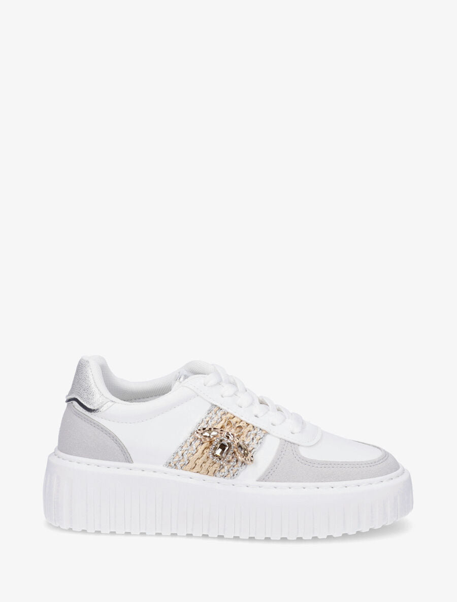 Sneakers en simili à empiècement bijou strassé - Blanc - 1
