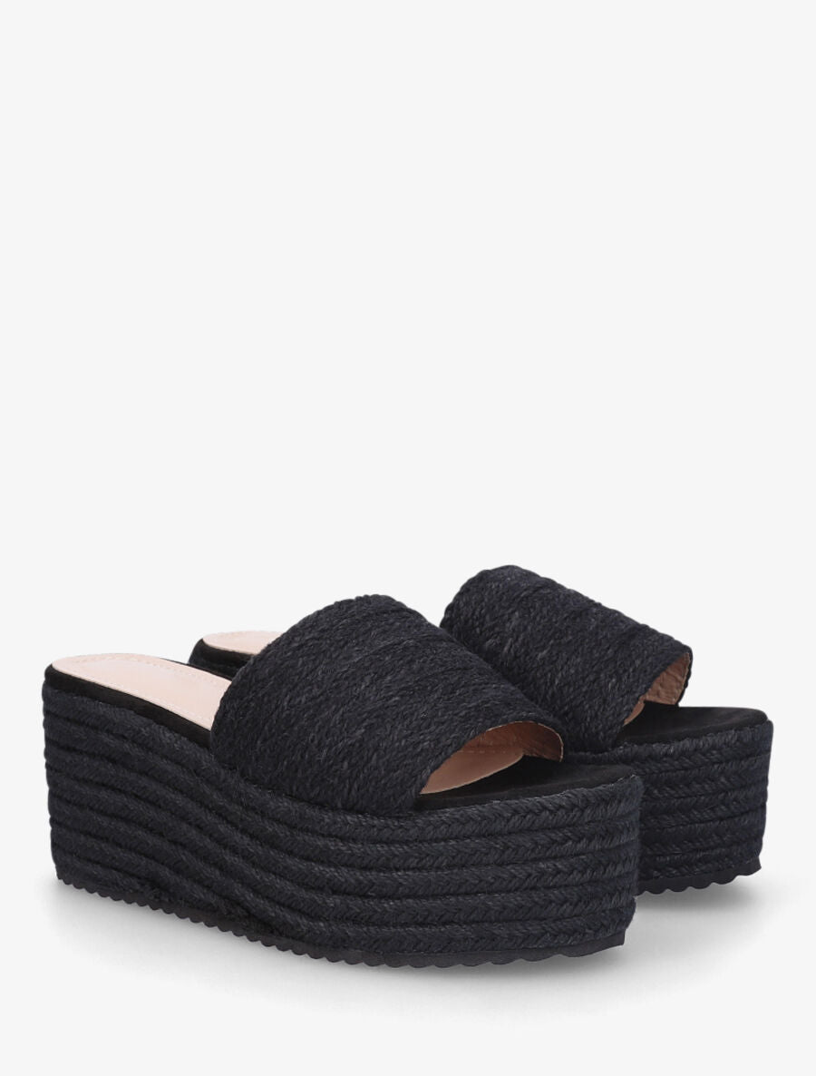 Mules à plateforme effet raphia - Noir - 4