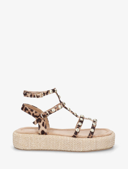 Sandales style spartiates cloutés imprimé léopard - Camel - 1
