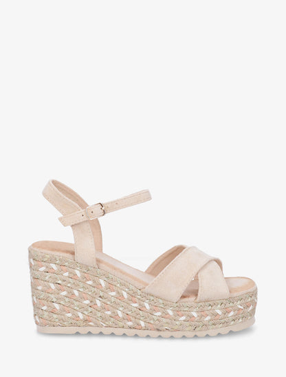 Sandales compensées en suédine et raphia - Beige - 1