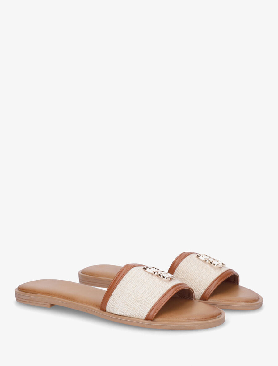 Claquettes en tissu à empiècement bijou - Camel - 4