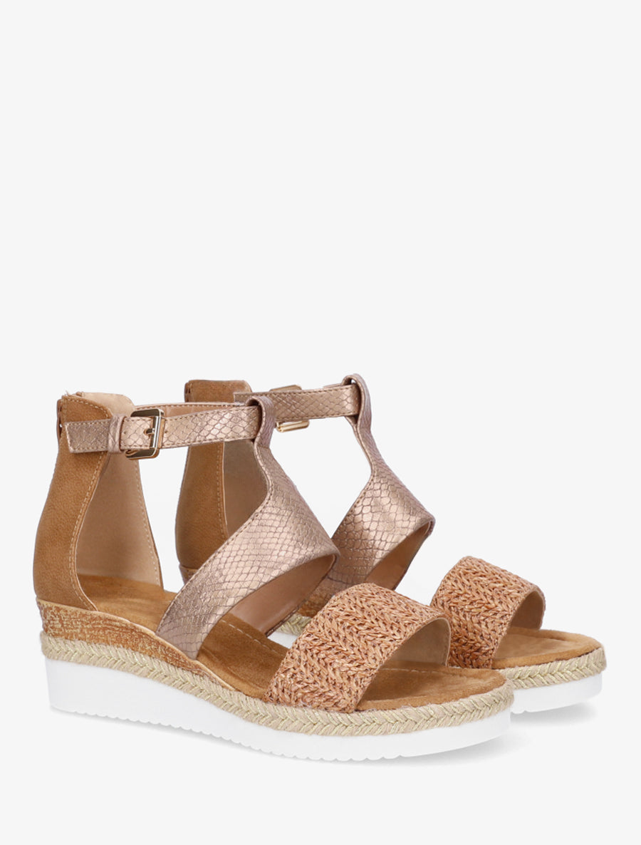 Textuur sleehak sandalen met python detail - Kameel