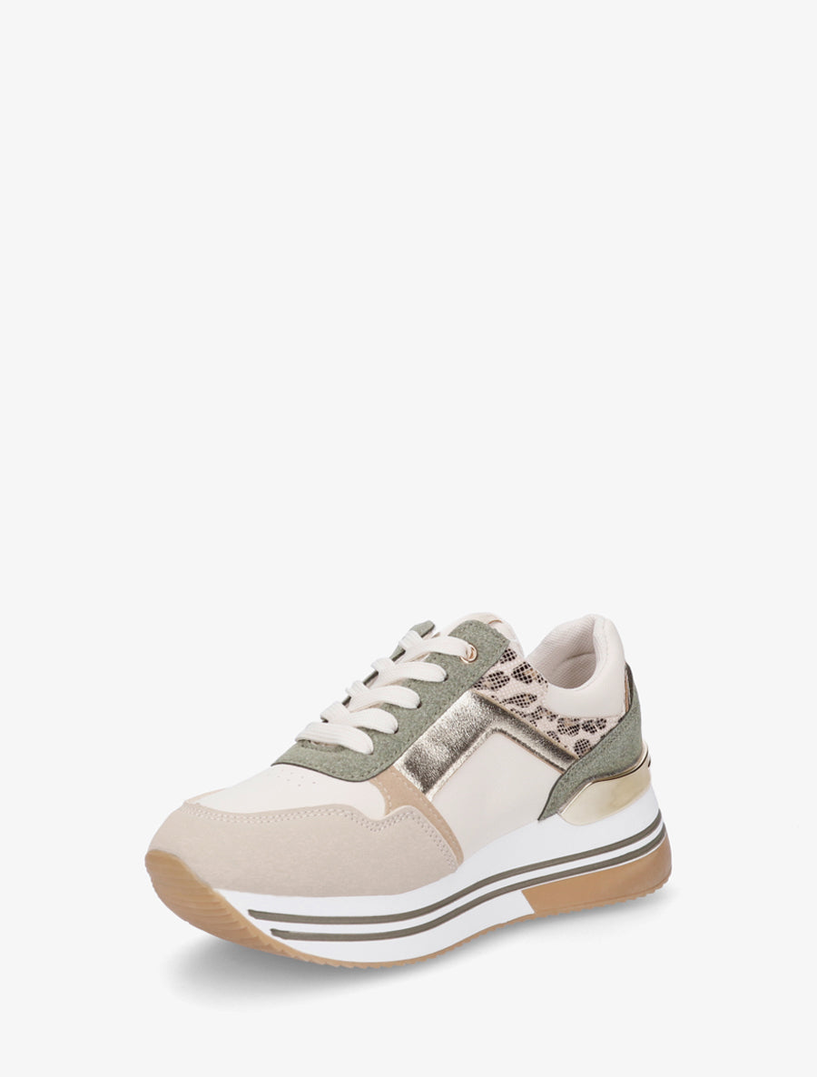 Baskets en simili à zip décoratif et empiècement léopard - Kaki - 3