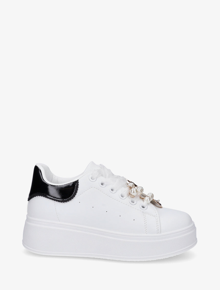 Sneakers à lacets en voile et empiècement bijoux - Blanc - 1