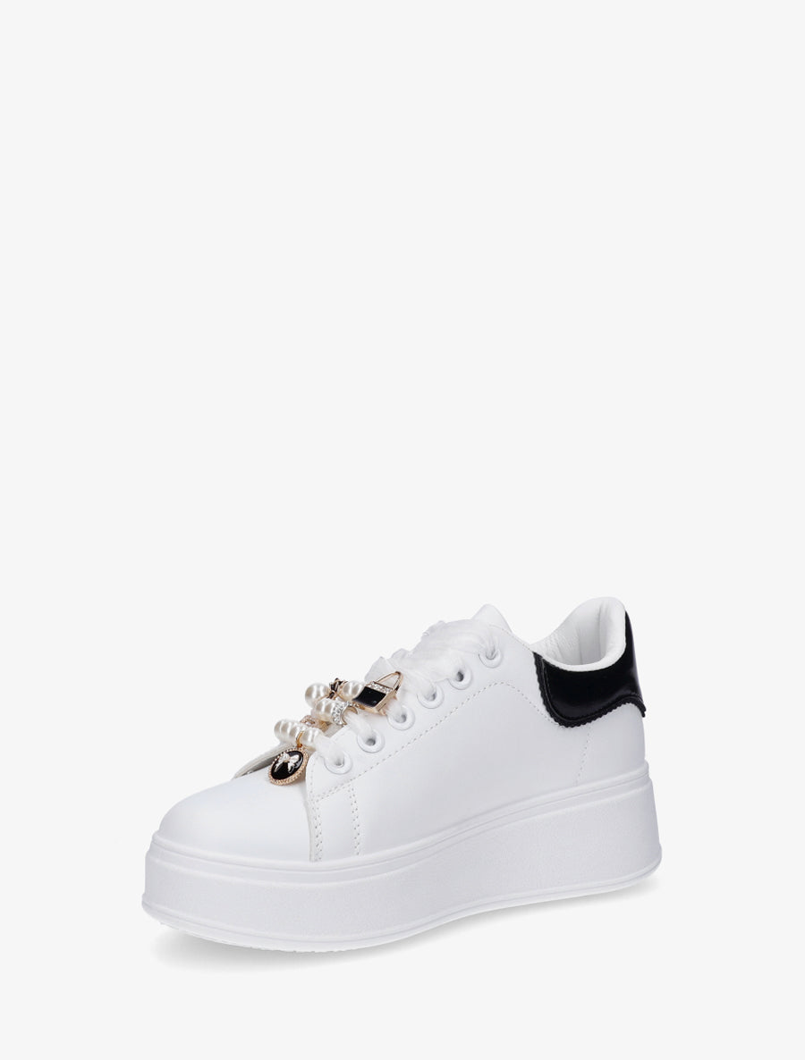 Sneakers à lacets en voile et empiècement bijoux - Blanc - 3