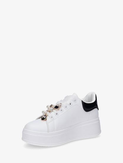Sneakers à lacets en voile et empiècement bijoux - Blanc - 3