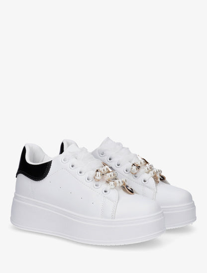 Sneakers à lacets en voile et empiècement bijoux - Blanc - 4
