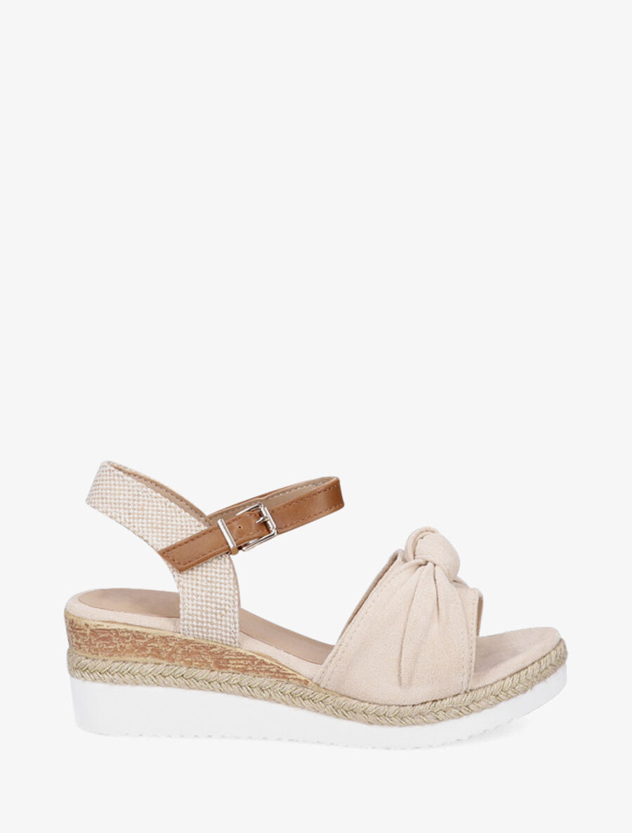 Sandales à noeud et talon compensé tressé - Beige - 1