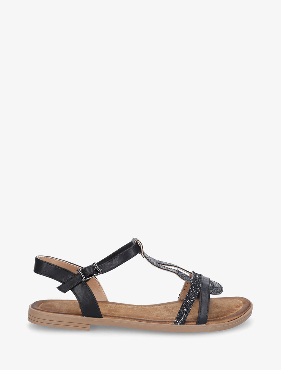 Nu-pieds en simili à brides effet python et pailleté - Noir - 1