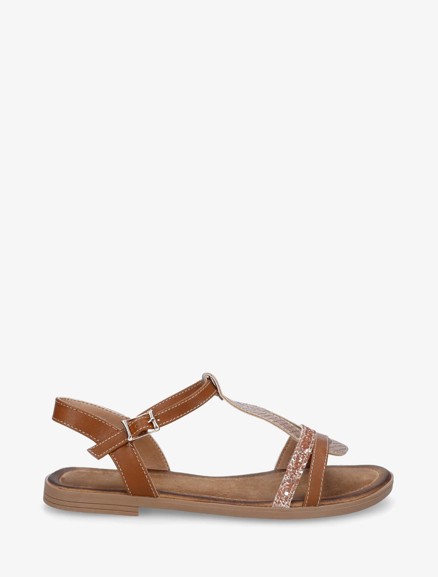 Nu-pieds en simili à brides effet python et pailleté - Camel - 1