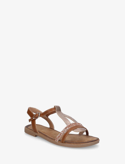 Nu-pieds en simili à brides effet python et pailleté - Camel - 2