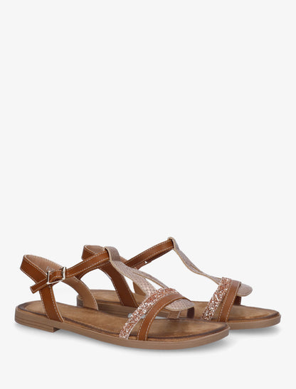 Nu-pieds en simili à brides effet python et pailleté - Camel - 4