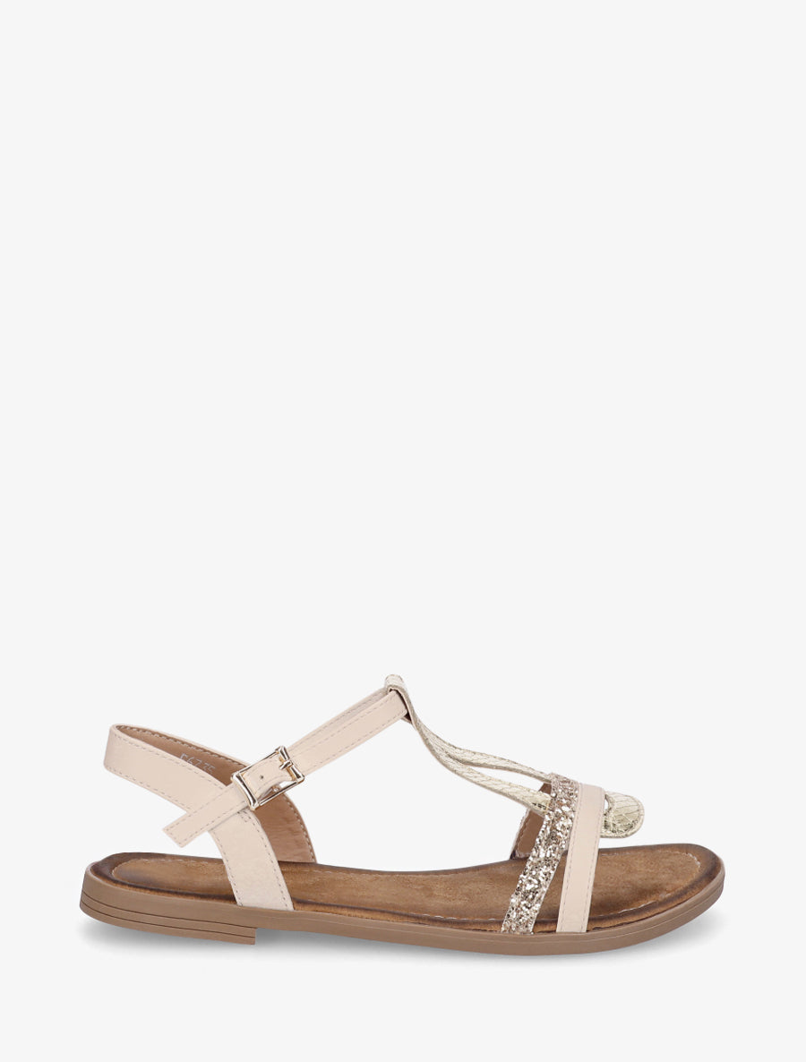 Nu-pieds en simili à brides effet python et pailleté - Beige - 1