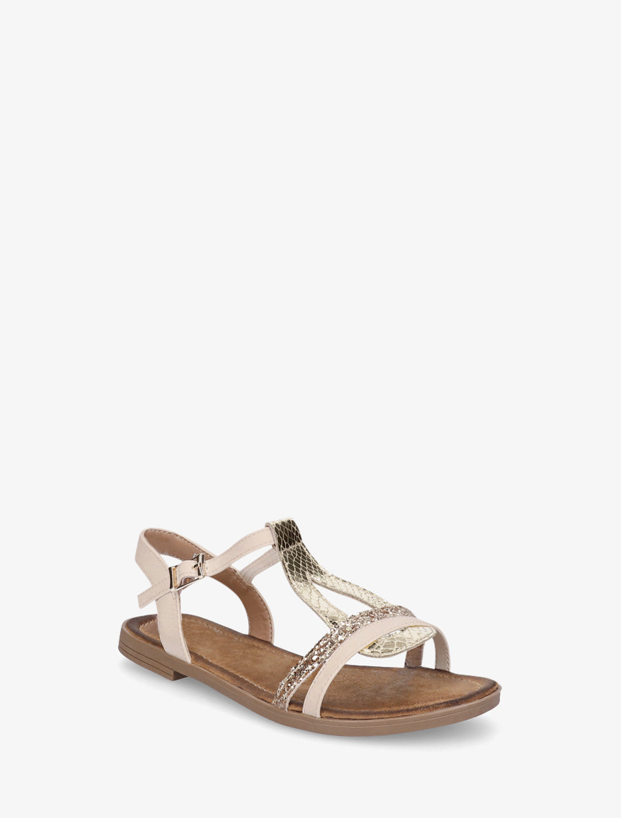 Nu-pieds en simili à brides effet python et pailleté - Beige - 2