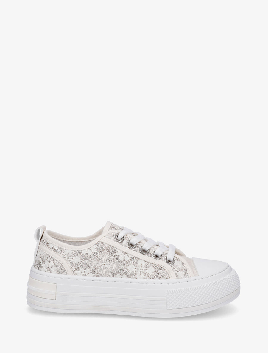 Sneakers en dentelle et pailleté - Beige - 1