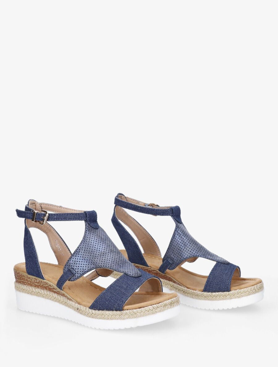 Sandales compensées bi-matière - Bleu denim - 4