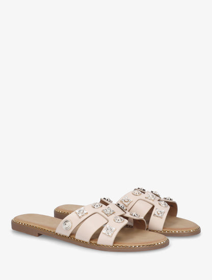 Mules plates en simili à clous fantaisies - Beige - 4