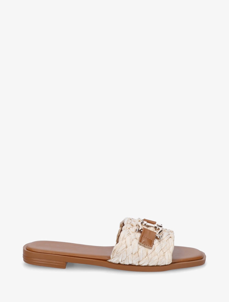 Mules plates en raphia à boucle fantaisie - Beige - 1