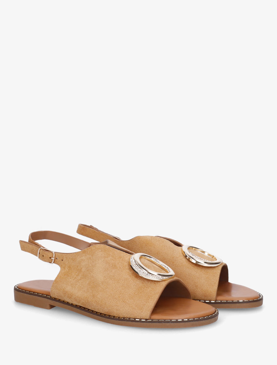 Nu-pieds en suédine à boucle à strass - Camel - 4