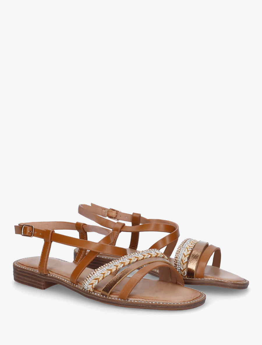 Nu-pieds multibrides à strass - Camel - 4
