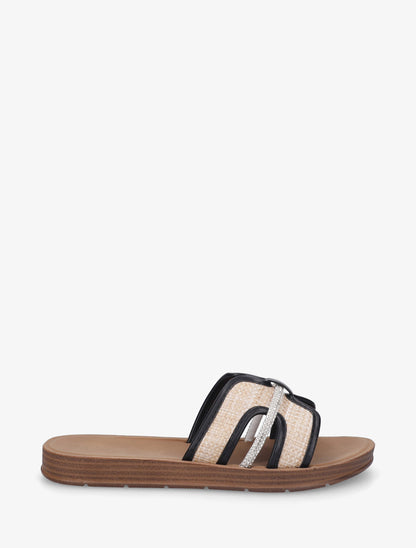 Mules plates en simili et raphia à strass - Noir - 1