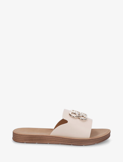 Mules plates à boucle bijou à strass - Beige - 1