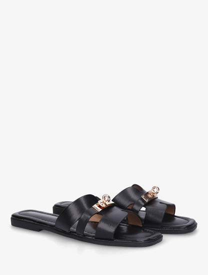Claquettes en simili à empiècement métal - Noir - 4