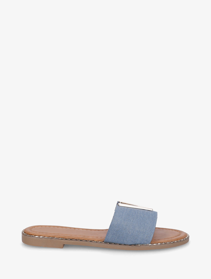 Claquettes en simili à empiècement bijou V - Bleu - 1