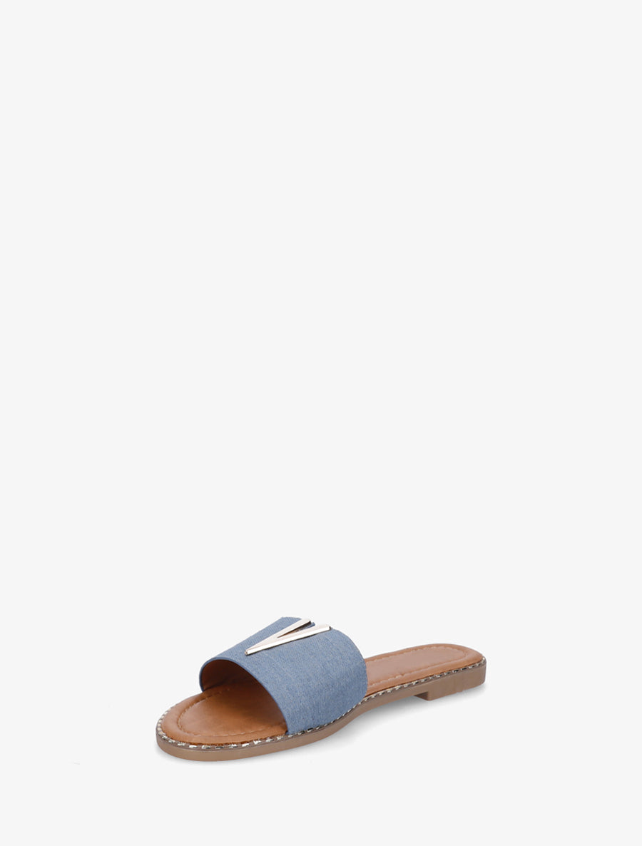 Claquettes en simili à empiècement bijou V - Bleu - 3