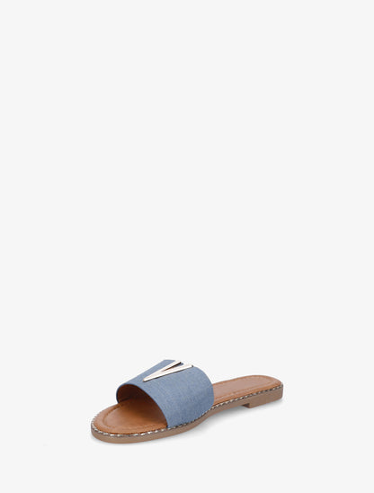 Claquettes en simili à empiècement bijou V - Bleu - 3