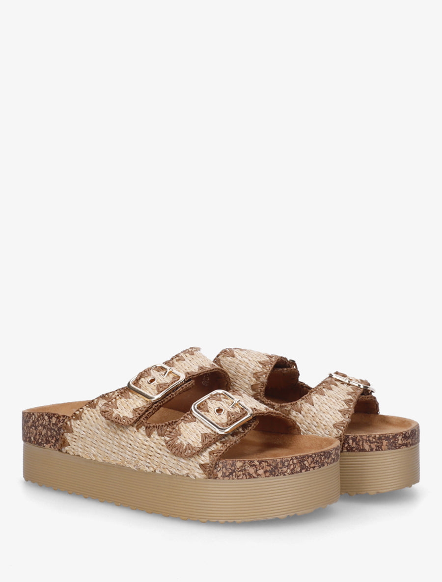 Claquettes en raphia à couture contrastantes - Beige - 4