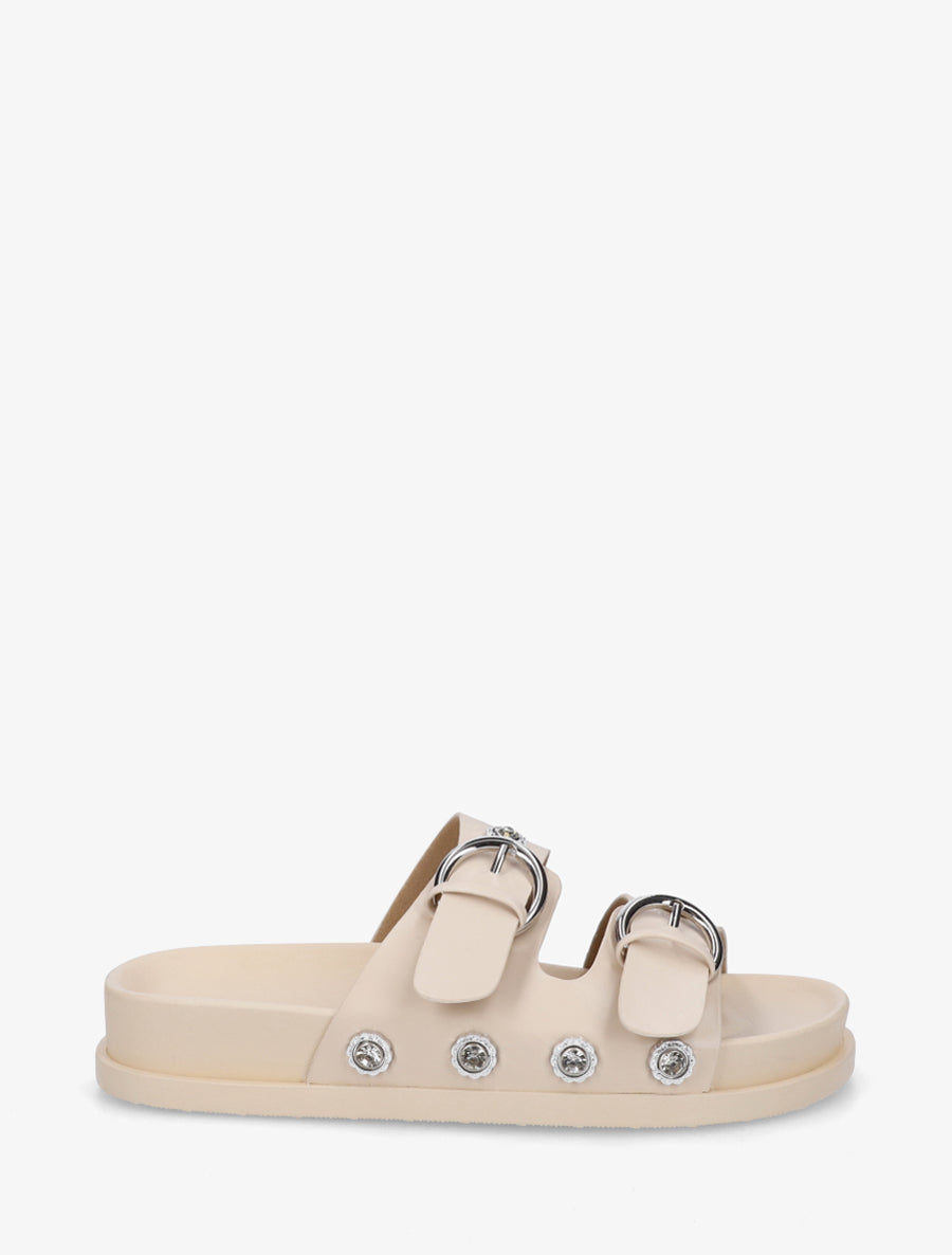 Claquettes en simili à empiècement bijoux strassés - Beige - 1