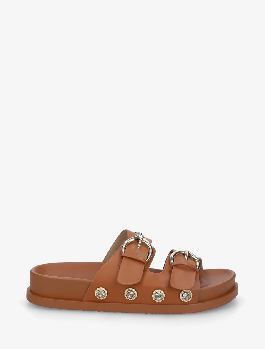 Claquettes en simili à empiècement bijoux strassés - Camel - 1