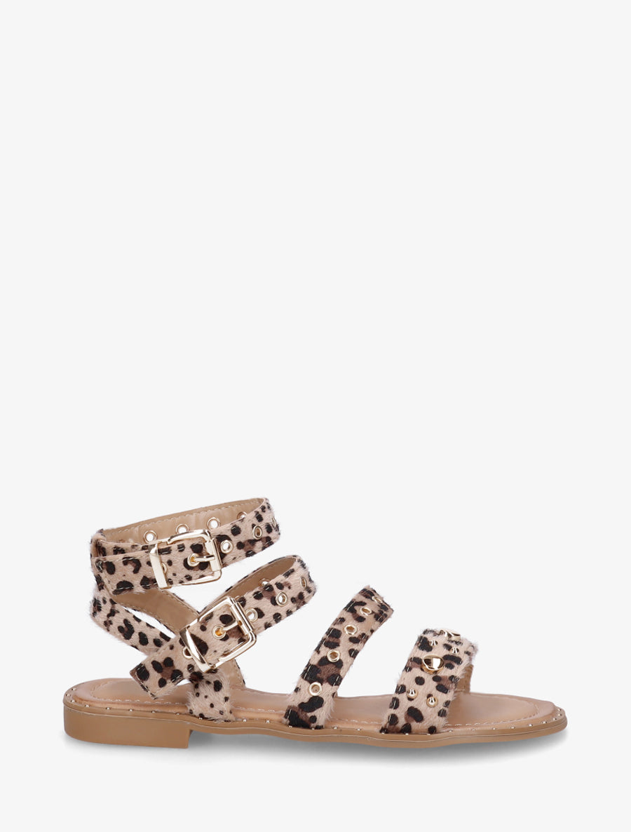 Nu-pieds motif léopard à brides à oeillets - Beige - 1