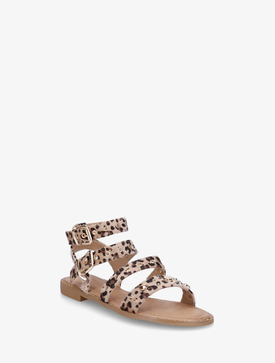 Nu-pieds motif léopard à brides à oeillets - Beige - 2