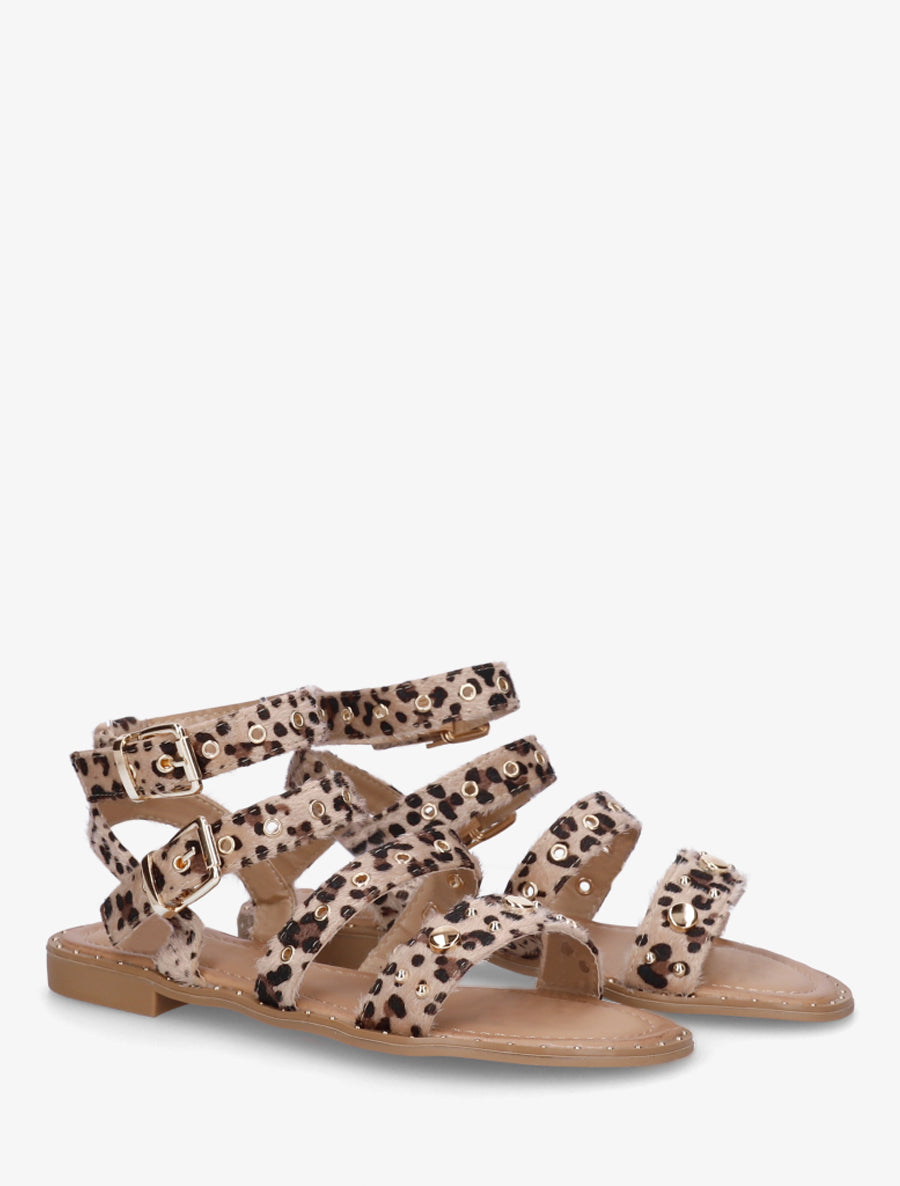 Nu-pieds motif léopard à brides à oeillets - Beige - 4