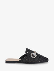 Mules en raphia à bijoux strassés - Noir - 1