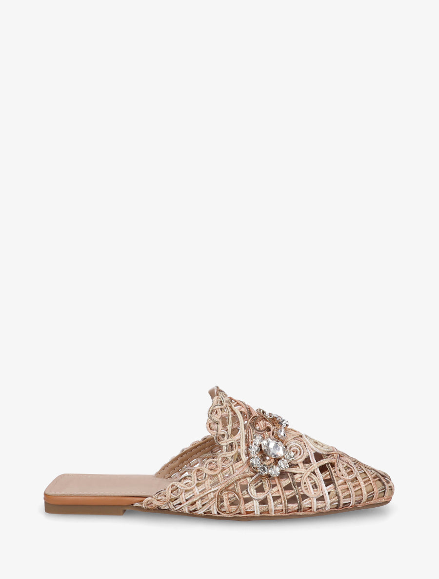 Mules en raphia à bijoux strassés - Beige rosé - 1