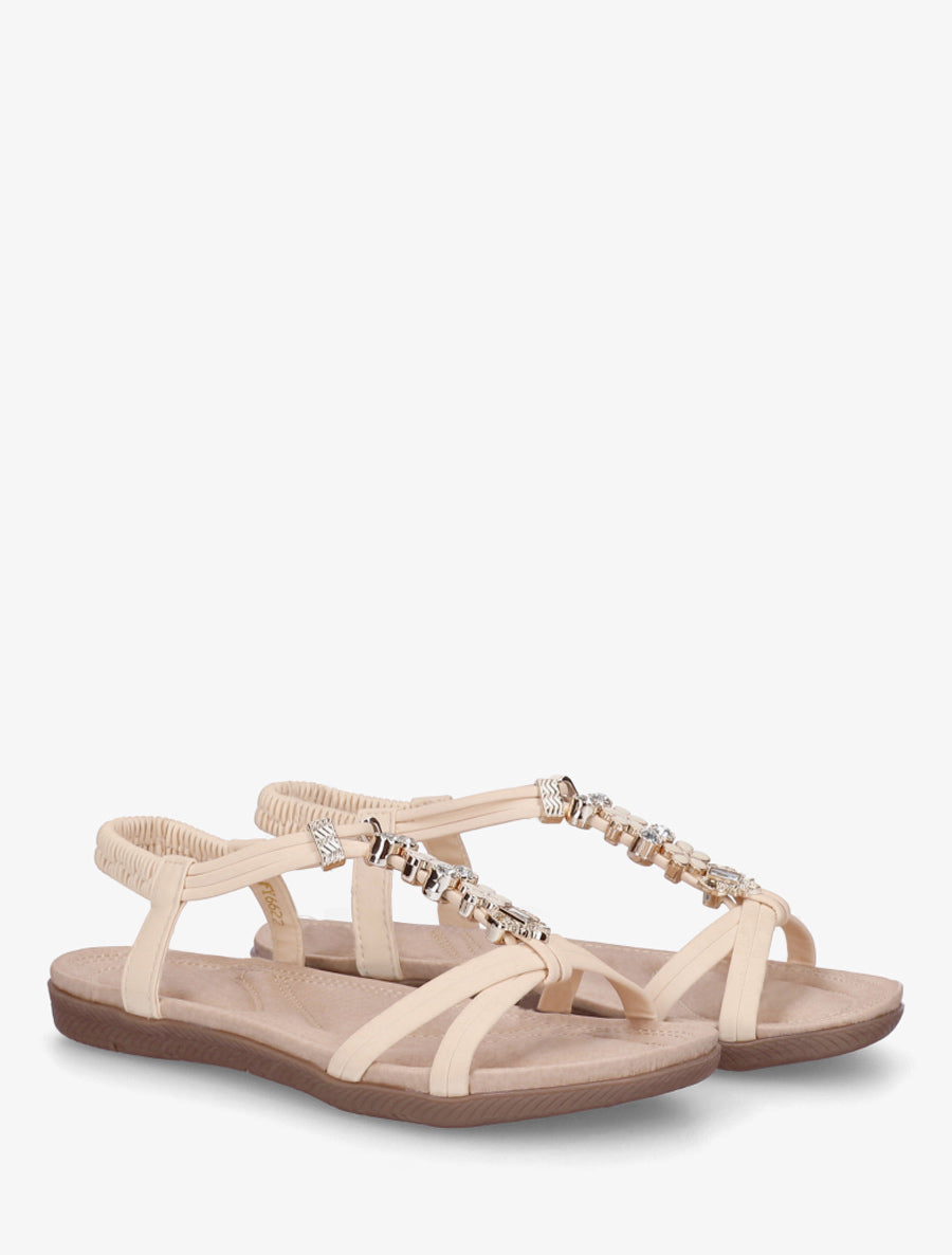Sandales à empiècement métaux strassés - Beige - 4