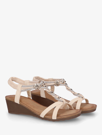 Sandales compensées à bride tressée à strass - Beige - 4