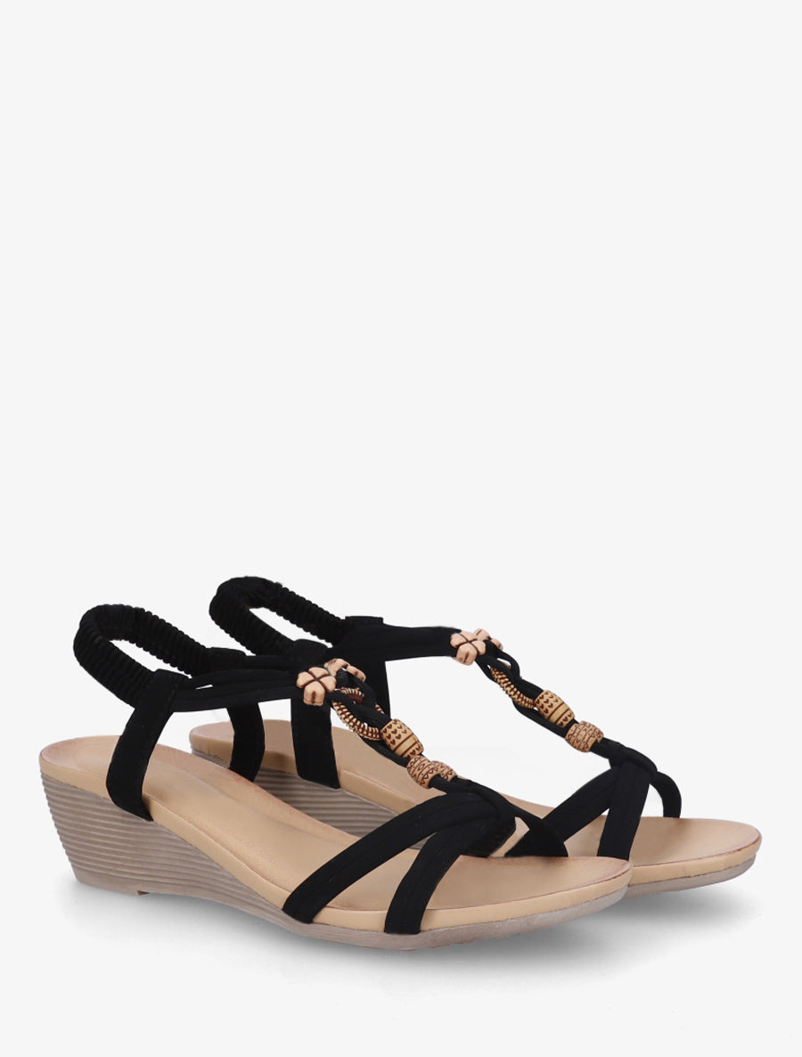 Sandales compensées à perles et bride en T croisée - Noir - 4