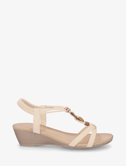 Sandales compensées à perles et bride en T croisée - Beige - 1