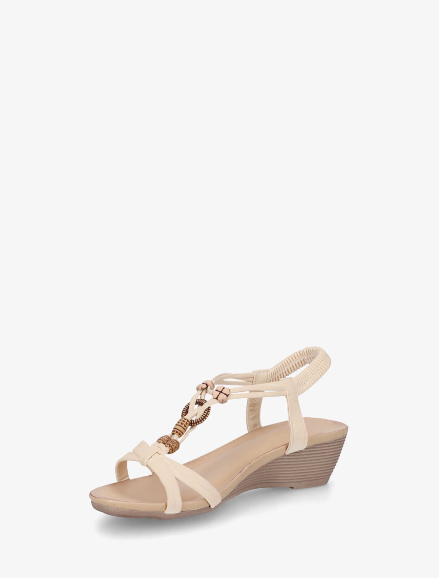 Sandales compensées à perles et bride en T croisée - Beige - 3