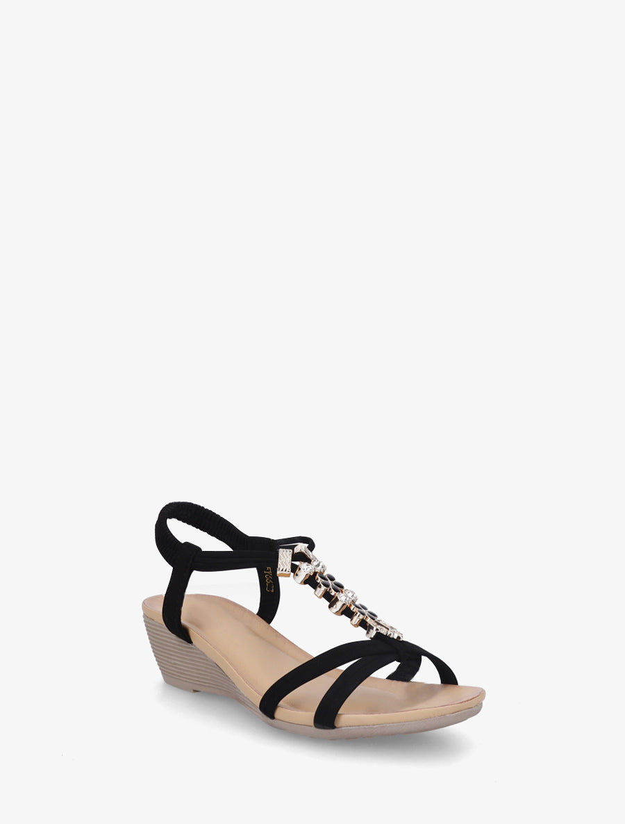 Sandales compensées à empiècement bijoux strassés - Noir - 2
