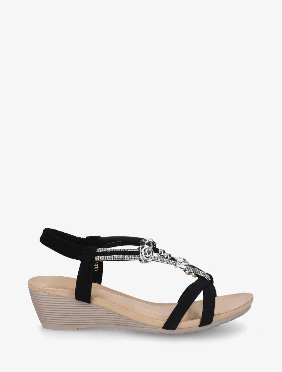 Sandales compensées à empiècement perles et strass - Noir - 1